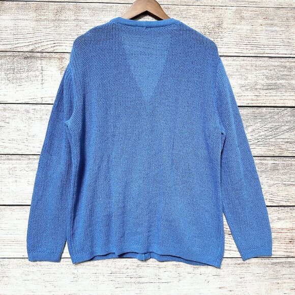 St John Blue Knit Cardigan Sweater Womens Button Front Pockets Size L Made USA - Picture 2 of 10